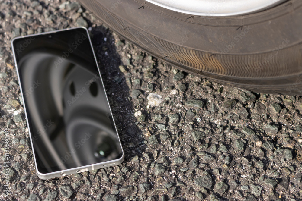 車のタイヤの横に落ちたスマートフォン
