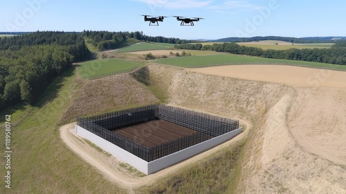 Drones Surveying a Remote Agricultural Facility in a Hilly Landscape. photo