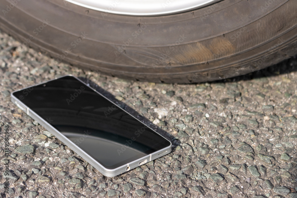 車のタイヤの横に落ちたスマートフォン