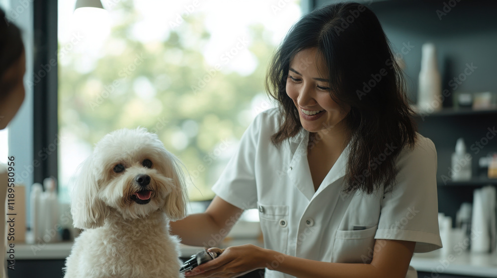 Groomer combing fluffy dog in bright salon setting for pet care and grooming concept Groomer combing fluffy dog in bright salon setting for pet care and grooming concept