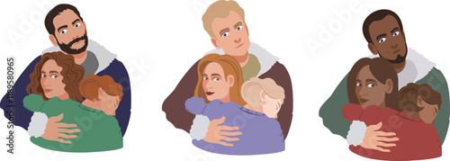 Warm Family Hug - Diverse Parents and Children Vector Illustration