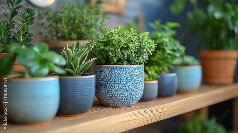 Fototapeta premium Potted herbs on wooden shelf against rustic brick wall in cozy indoor setting