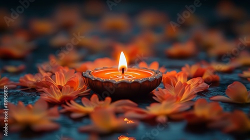 Decorative oil lamp surrounded by vibrant flower petals during a festive even...