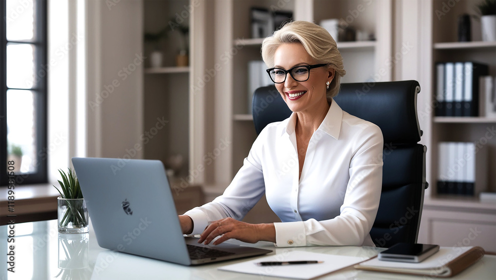 A beautiful middle age European business woman CEO wearing white shirt and using laptop with a smile in workplace at office. Banner A beautiful middle age European business woman CEO wearing white shirt and using laptop with a smile in workplace at office. Banner
