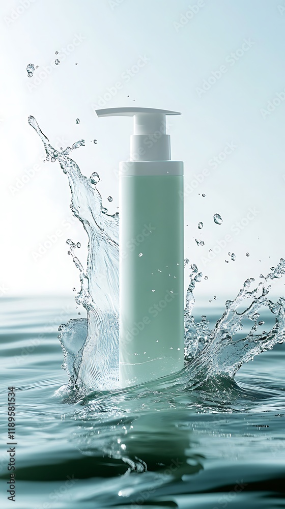 Cylindrical containers with caps in a splash of water on a light blue background Cylindrical containers with caps in a splash of water on a light blue background