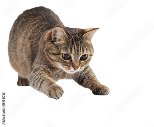 A Playful Tabby Cat in a Hunting Pose , isolated on white background PNG