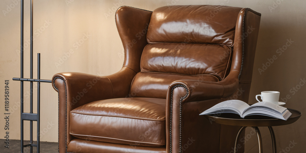 Obraz premium Cozy Leather Armchair with Book and Coffee. A comfortable brown leather armchair sits beside a small table with an open book and a steaming cup of coffee, creating an inviting and relaxing atmosphere.