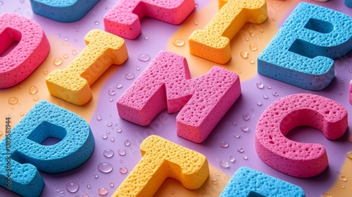 Colorful sponge letters arranged on a pink background for creative decoration...