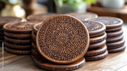 Beautifully crafted wooden coasters arranged on a wooden surface in a cozy se...