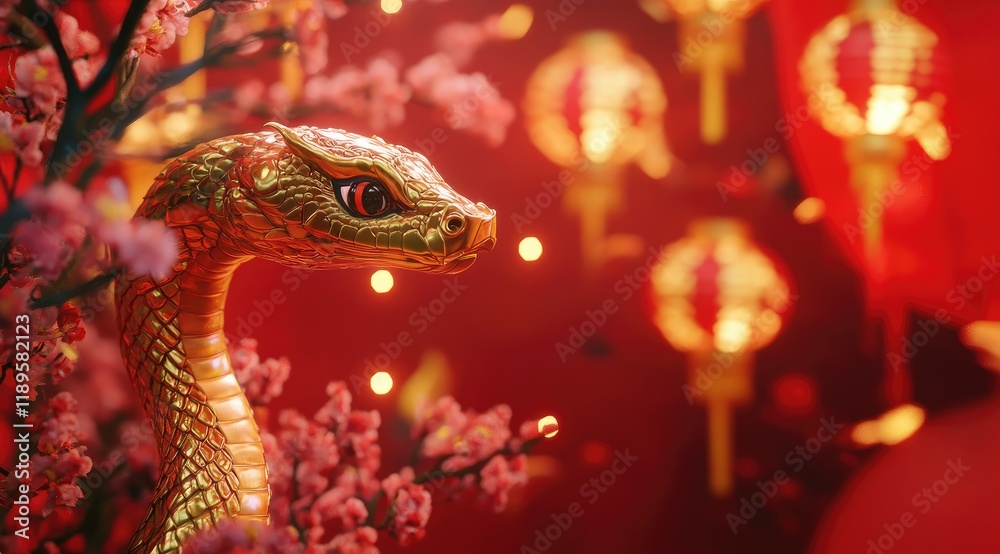 A Spring Festival atmosphere featuring a golden snake, red plum blossoms, and lanterns in the background, with Chinese New Year elements and a red color tone in a 3D rendering A Spring Festival atmosphere featuring a golden snake, red plum blossoms, and lanterns in the background, with Chinese New Year elements and a red color tone in a 3D rendering