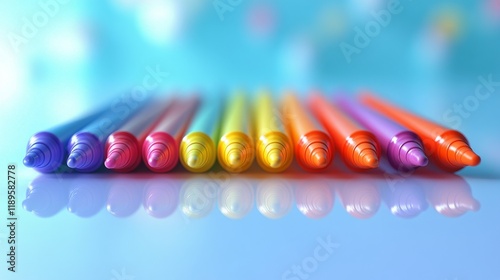 Colorful assortment of gel pens arranged in a neat row on a light background