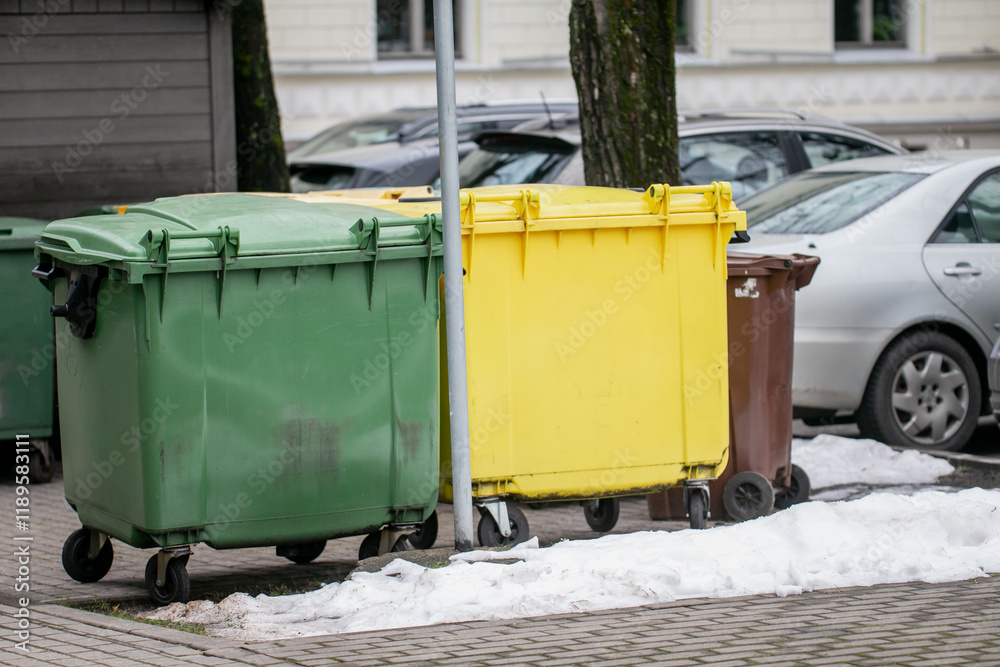 Trash bin containers for splitting and selecting the right types in middle of city next to parking Trash bin containers for splitting and selecting the right types in middle of city next to parking