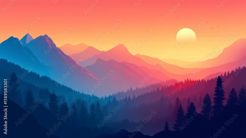 Fototapeta premium Serene Sunset Over Mountains and Forest - Peaceful Landscape