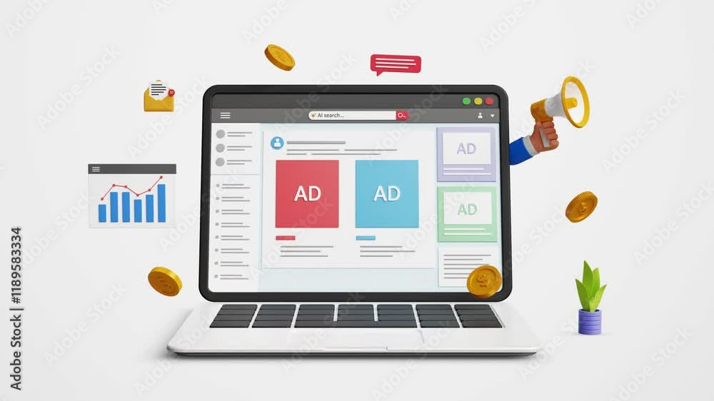 Digital marketing, digital advertising, ad campaign. PPC online marketing, promotion, customer engagement, traffic research, targeted ads. Social media advertising on laptop. 4K 3D animation