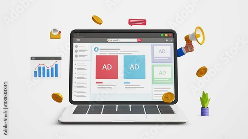 Digital marketing, digital advertising, ad campaign. PPC online marketing, promotion, customer engagement, traffic research, targeted ads. Social media advertising on laptop. 4K 3D animation