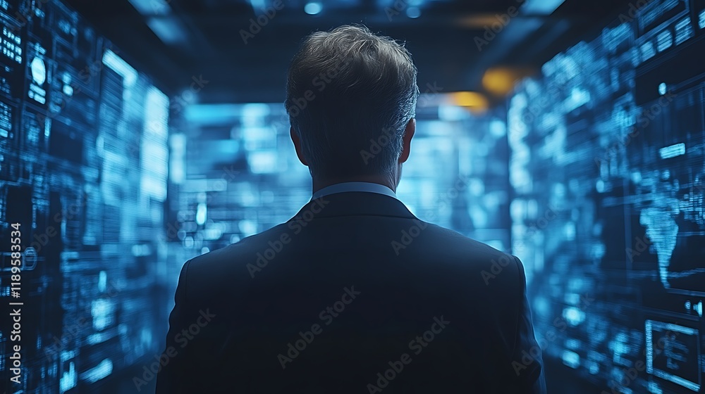 Man in suit facing digital data wall. Man in suit facing digital data wall.