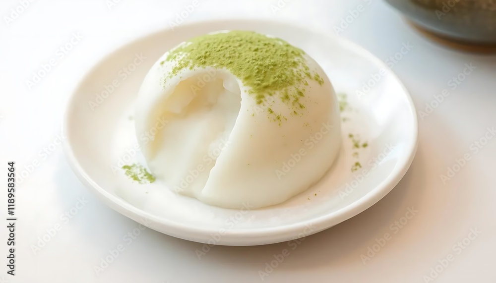 Matcha-Dusted Mochi: Creamy White Dessert Sphere, Elegant Presentation Matcha-Dusted Mochi: Creamy White Dessert Sphere, Elegant Presentation