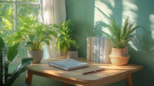 Bright white daisies in a blue vase on a wooden table surrounded by greenery ...