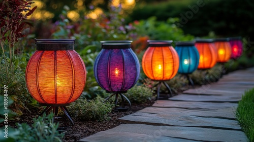 Beautiful outdoor lanterns illuminate garden pathway at twilight