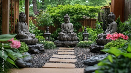 Serene garden with multiple Buddha statues surrounding a tranquil pond in an ...