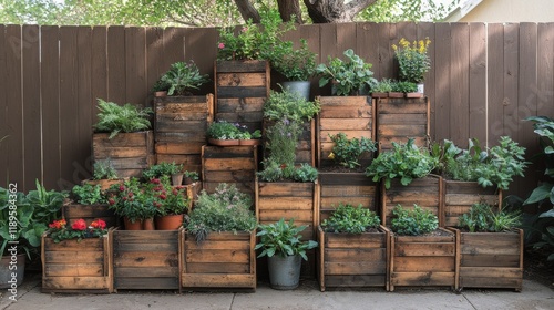 Colorful flower and vegetable garden setup with wooden planters against a gre...