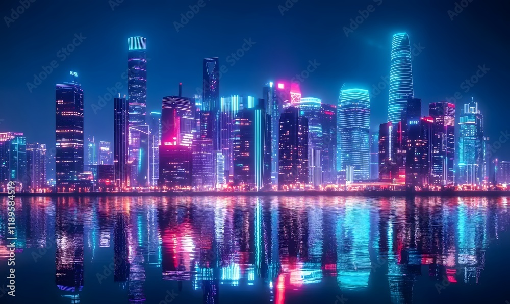 Fototapeta premium futuristic city skyline, neon lights, urban landscape, modern architecture, night scene with reflections, vibrant colors, futuristic ambiance, city life, architecture design, skyline photography.