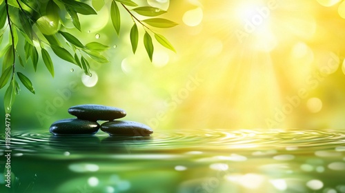 Serene Spa Stones in Calm Water with Sunlight and Green Leaves