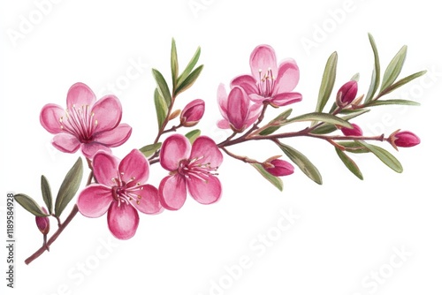 a branch of pink flowers with green leaves