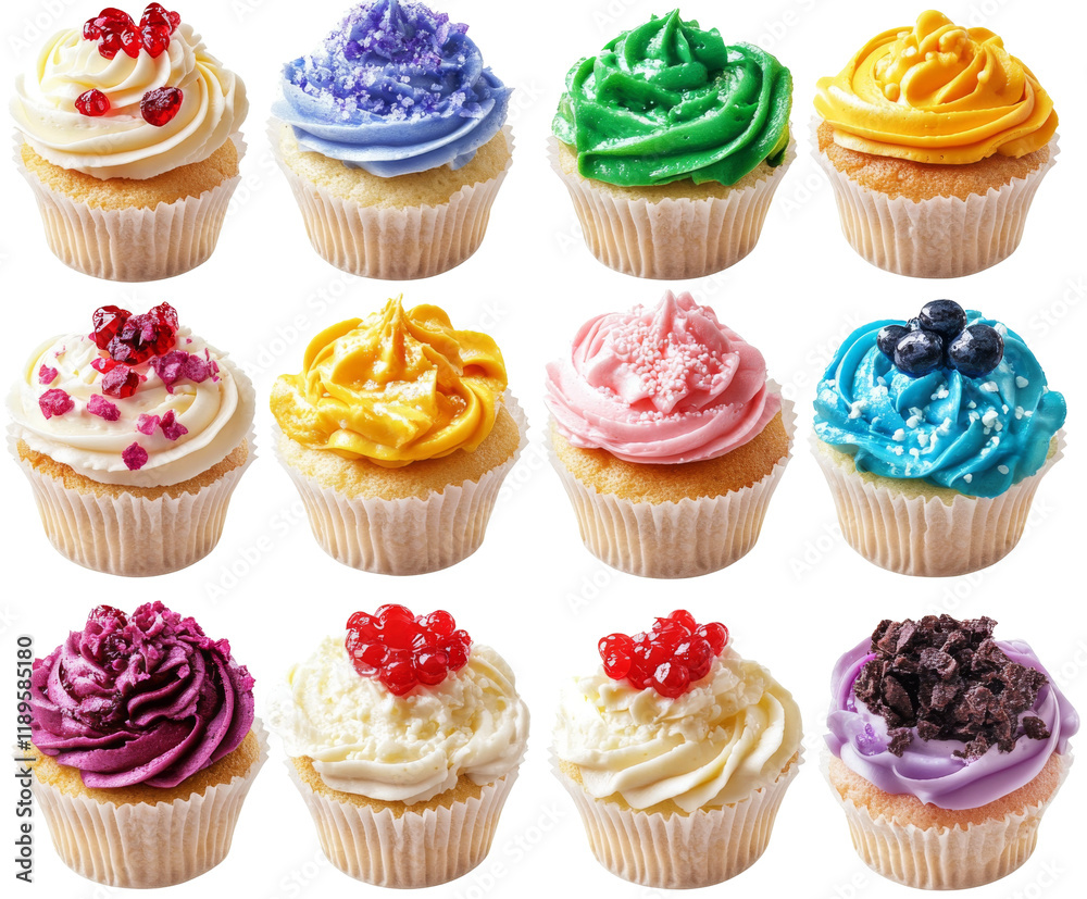 A Colorful Array of Delicious Cupcakes with Vibrant Frosting , isolated on white background PNG A Colorful Array of Delicious Cupcakes with Vibrant Frosting , isolated on white background PNG