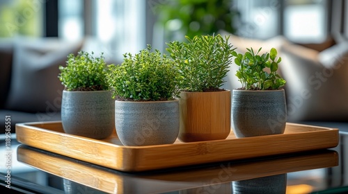 Indoor plant arrangement on wooden tray with succulents and greenery in moder...