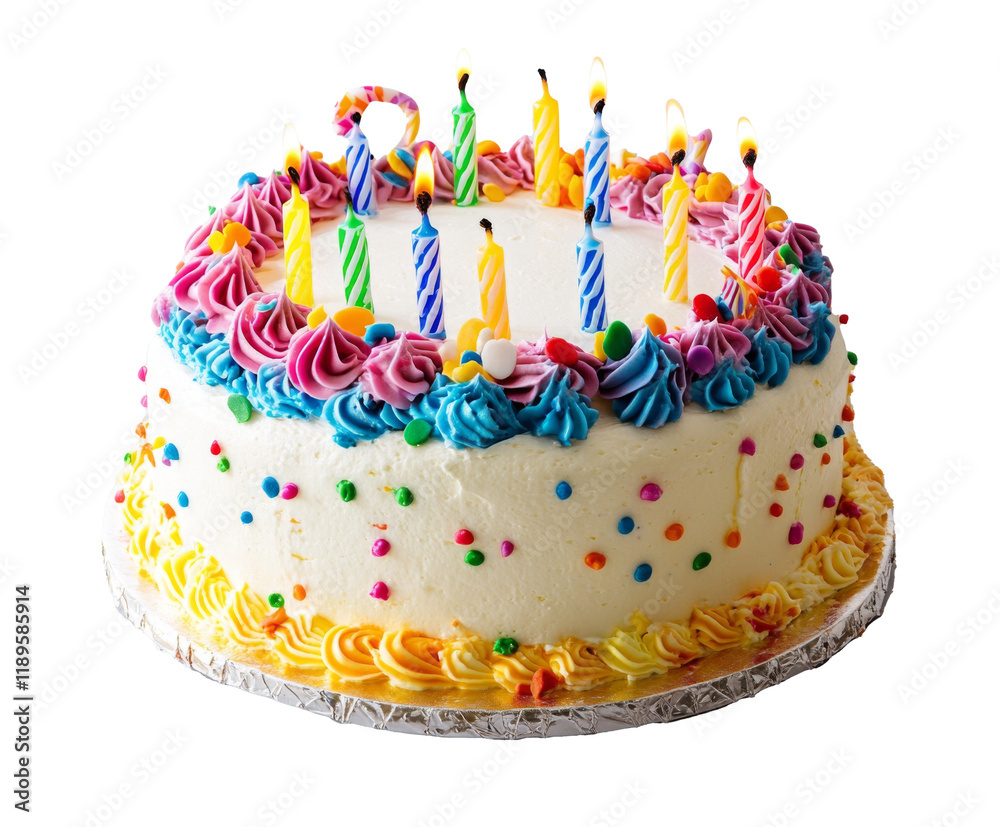 Vibrant Birthday Cake with Colorful Candles and Frosting , isolated on white background PNG Vibrant Birthday Cake with Colorful Candles and Frosting , isolated on white background PNG