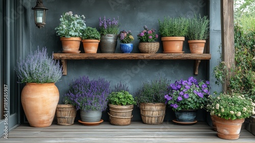 Colorful flower pots arranged on wooden shelves against a blue wall in a gard...