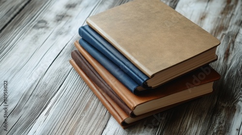 Stacked books on rustic wooden table showcasing a variety of covers in neutra...