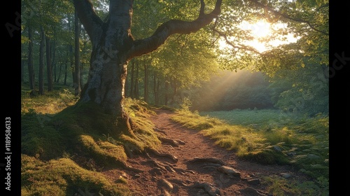 Winding path through a serene forest in early morning light
