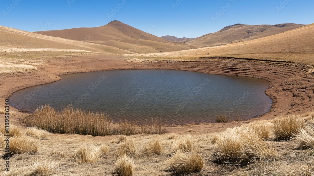 Serene Mountain Lake Landscape, Calm Water, Dry Grass, and Rolling Hills Serene Mountain Lake Landscape, Calm Water, Dry Grass, and Rolling Hills