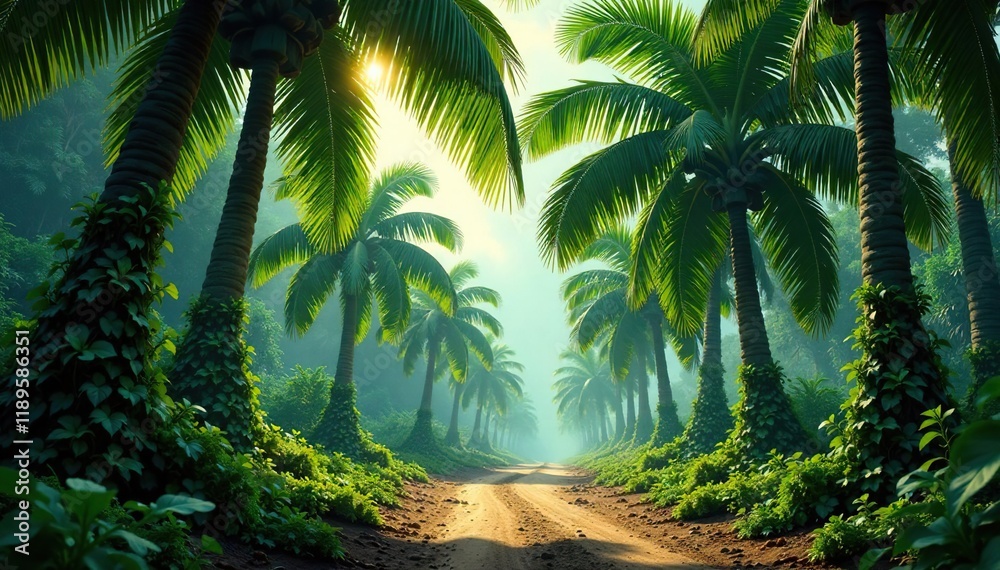 Palm trees with trunks covered in vines and moss, lush, tropical Palm trees with trunks covered in vines and moss, lush, tropical