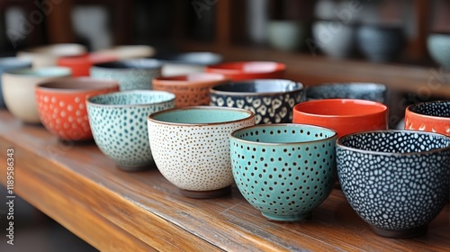 Colorful crafted bowls displayed on a wooden table in a ceramics shop