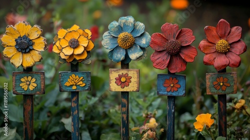 Decorative garden stones with floral designs arranged along a stone pathway a...