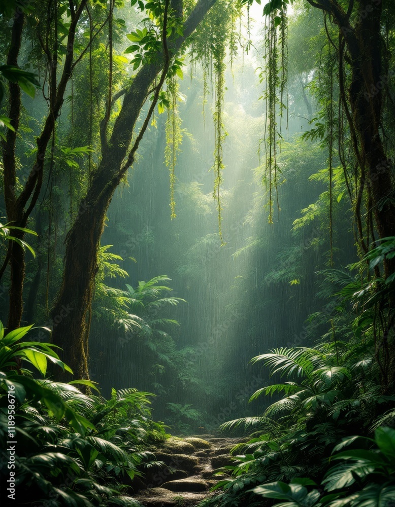 A Mystical Rainforest Path Illuminated by Rain and Sunlight in a Lush Green Landscape