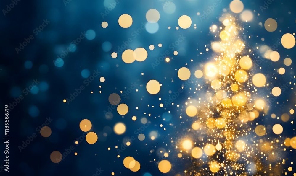 Golden bokeh lights creating the shape of a glowing Christmas tree against a dark blue background. Magical holiday spirit concept, Generative Ai Golden bokeh lights creating the shape of a glowing Christmas tree against a dark blue background. Magical holiday spirit concept, Generative Ai