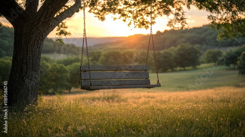 Relaxing swing under a tree during sunset with a view of rolling hills in the...