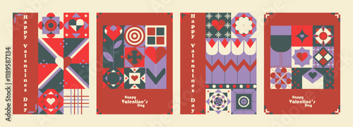 Dark valentine's day Bauhaus Inspired posters. Trendy simple and minimalist, universal modern artistic cards with hearts and texte.