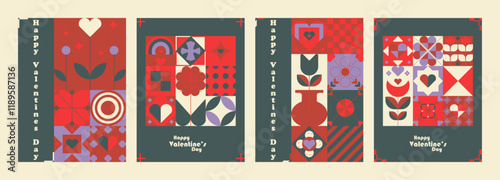 Dark valentine's day Bauhaus Inspired posters. Trendy simple and minimalist, universal modern artistic cards with hearts and texte.