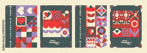 Dark valentine's day Bauhaus Inspired posters. Trendy simple and minimalist, universal modern artistic cards with hearts and texte.