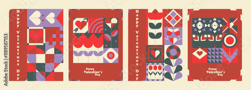 Dark valentine's day Bauhaus Inspired posters. Trendy simple and minimalist, universal modern artistic cards with hearts and texte.