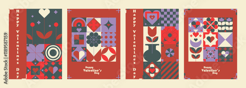 Dark valentine's day Bauhaus Inspired posters. Trendy simple and minimalist, universal modern artistic cards with hearts and texte.