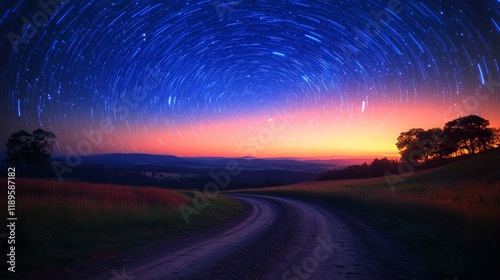 Night sky filled with star trails over a winding road at sunset in a tranquil...