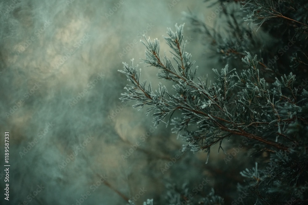 Obraz premium Frost-covered pine branch in a misty atmosphere