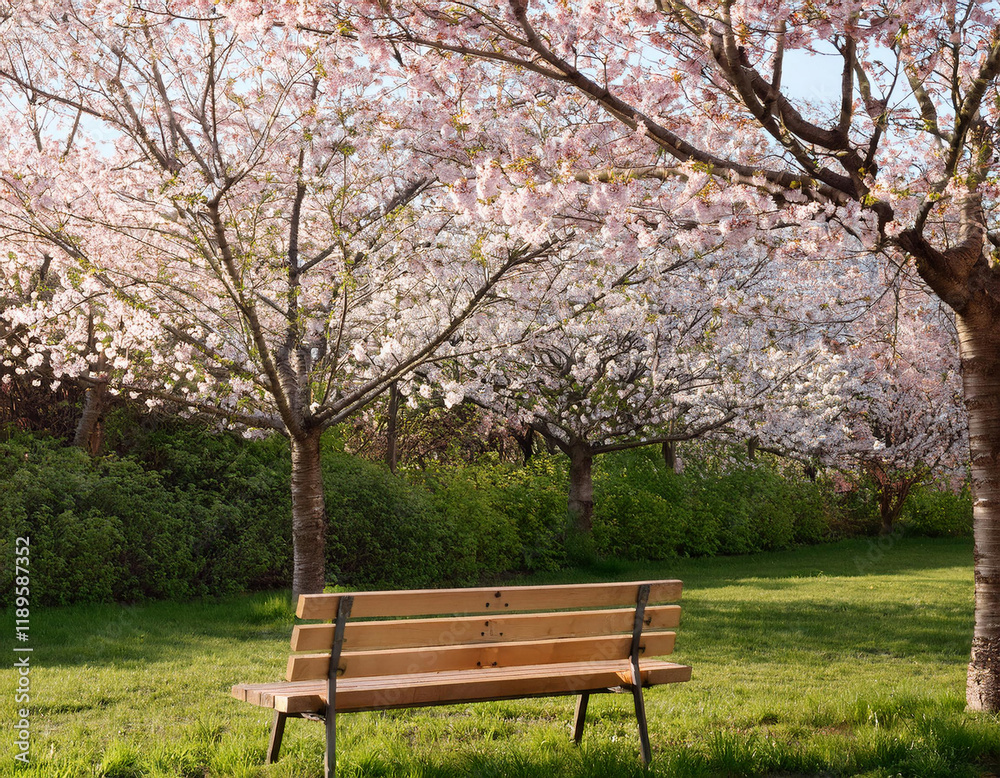 A wooden park bench sits beneath a grove of blossoming cherry trees.
A wooden park bench sits beneath a grove of blossoming cherry trees.