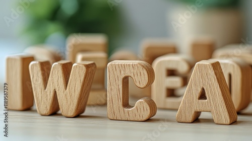 Wooden alphabet letters scattered on a flat surface for creative learning and...